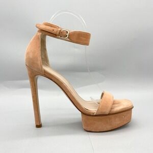 Stuart Weitzman Womens 7M Backupplat Sandals‎ Nude Suede Platform Stiletto Heels